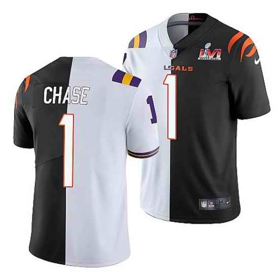 Men Cincinnati Bengals 1 Ja 27Marr Chase 2022 White Black Split Super Bowl LVI Stitched Jersey
